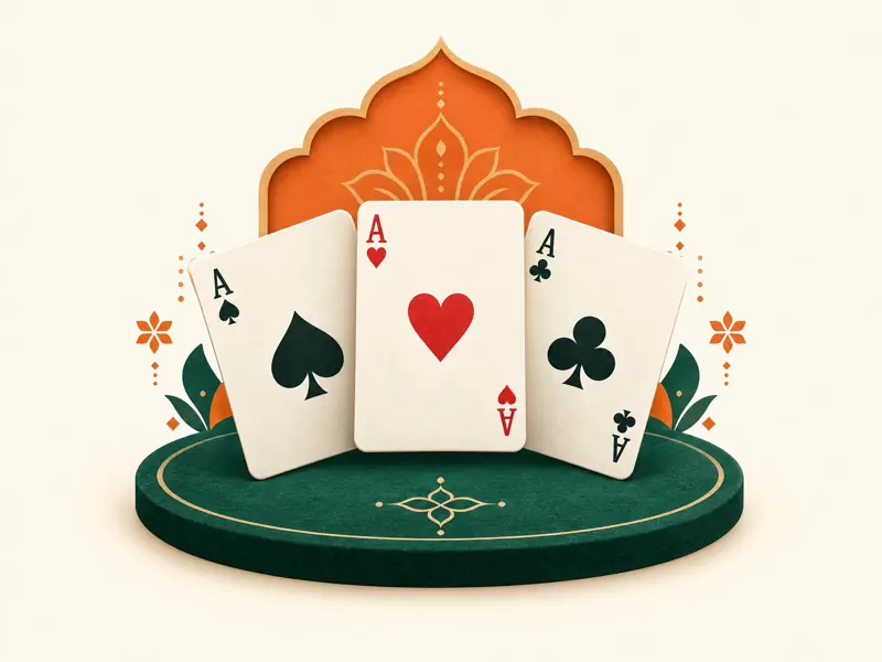 Original illustration of three playing cards on a green card table